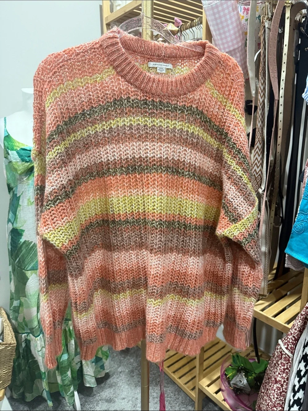 American Eagle Outfitters Pink Multicolor Striped Crewneck Sweater medium